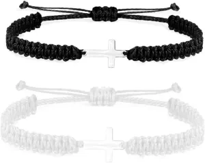 2Pcs Cross Matching Couple Bracelets Handmade Black String Rope Braided Bracelet Cross Charm Adjustable Protection Christian Bracelet for Women Men Lucky Kabbalah Strand BFF Bracelets Gifts
