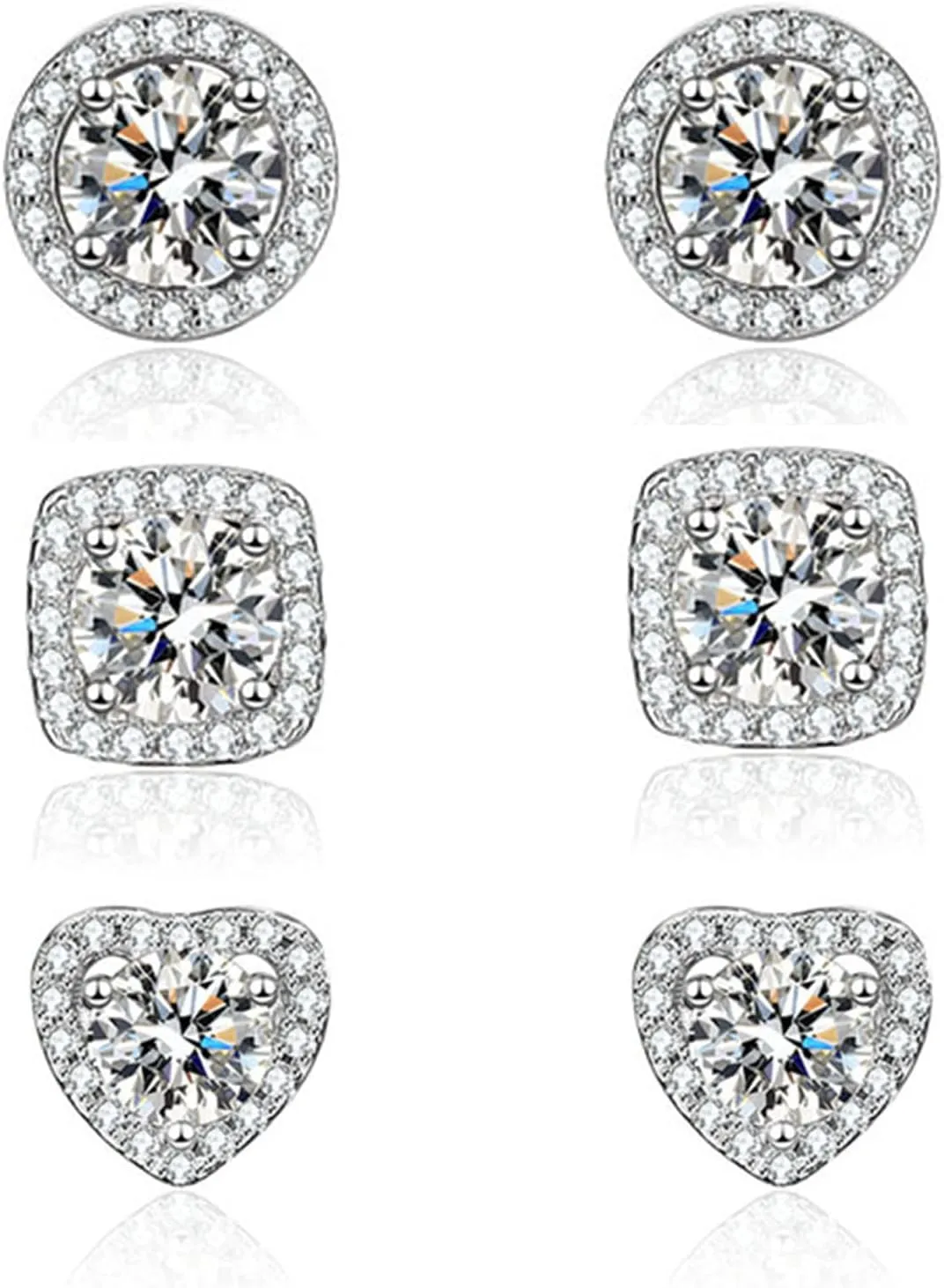 3 Pairs Stud Earrings Set, Hypoallergenic Earrings,Sterling Silver Stud Earrings,Cubic Zirconia Earrings, Square/Round/Heart Shape CZ Earrings Set for Women Men, Sterling Silver, Cubic Zirconia