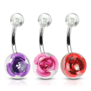 3 Pcs Value Pack of Assorted Color 316L Surgical Steel WildKlass Navel Ring with Metal Rose Embedded in Clear Acrylic Ball
