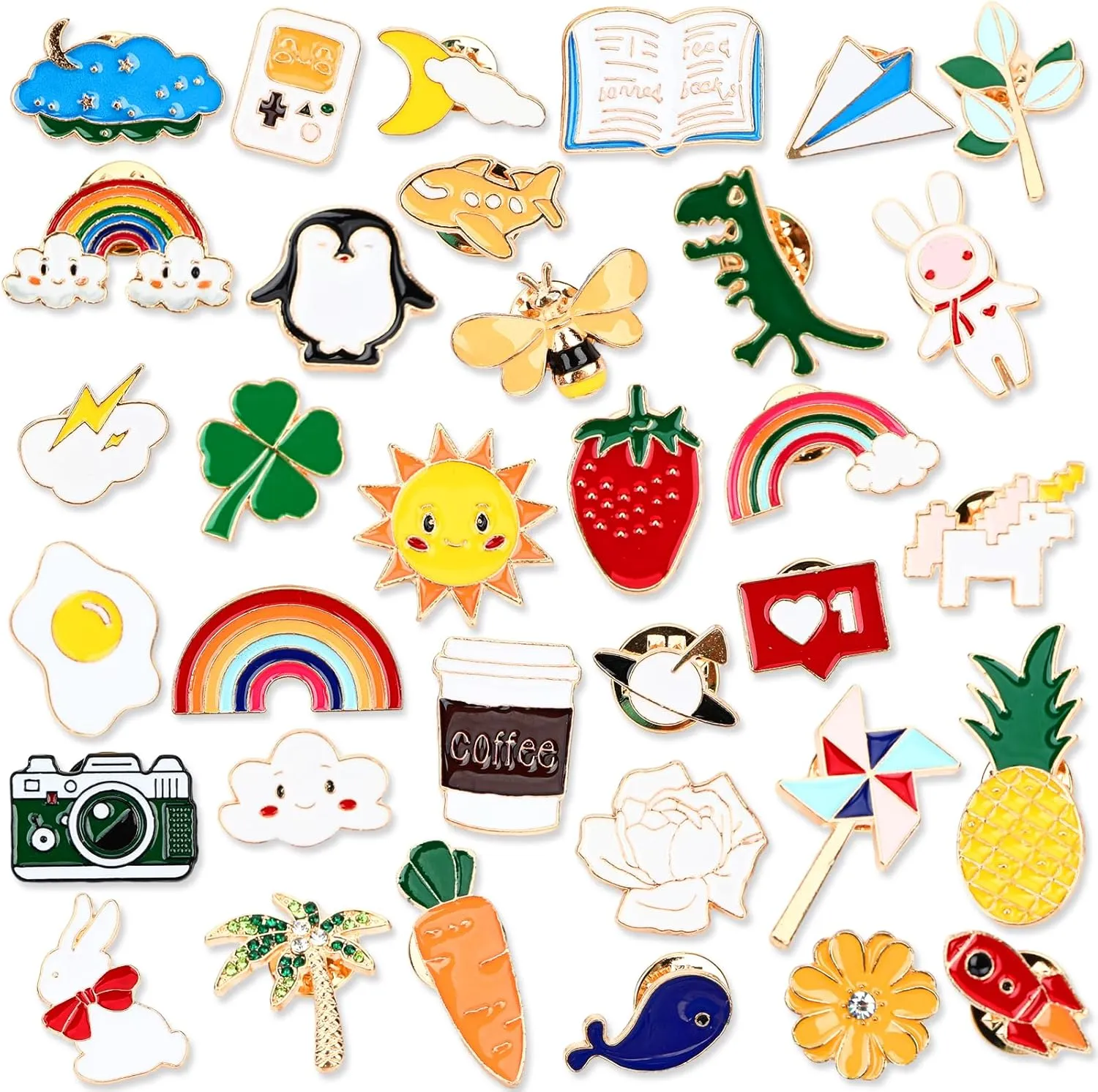 36 PCS Cute Enamel Pins Bulk Mixed Cartoon Enamel Brooches Set Funny Animal Plant Brooch Button Pins Jewelry for Backpack Bags Hat Jacket Gifts