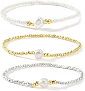 3PCS/set Pearl Plated Silver Gold Beads Elastic Bracelets for Women Dainty Handmade Gemstone Bead Bracelet Charm Jewelry Fashion Couple Friendship Gift