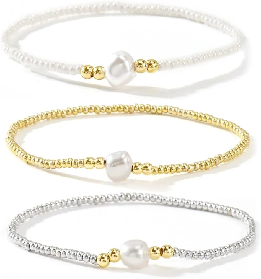 3PCS/set Pearl Plated Silver Gold Beads Elastic Bracelets for Women Dainty Handmade Gemstone Bead Bracelet Charm Jewelry Fashion Couple Friendship Gift