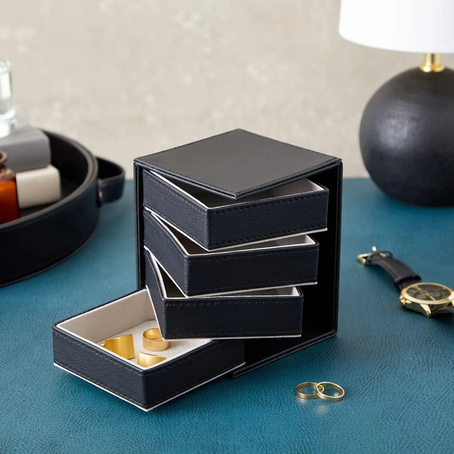 4 Layer Rotating Jewelry Organizer for Men, Women, Small Faux Leather Box for Necklaces, Rings, Earring, Bracelets (Black, 4x5.25")