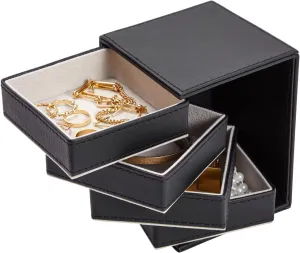 4 Layer Rotating Jewelry Organizer for Men, Women, Small Faux Leather Box for Necklaces, Rings, Earring, Bracelets (Black, 4x5.25")