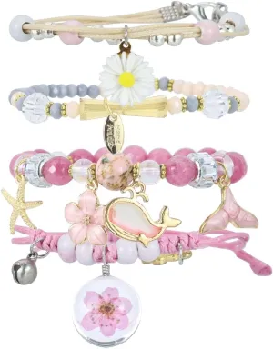 4 Pcs Beaded Cute Bracelets for Teen Girls Women, Dainty Cute Cartoon Crystal Beads Pearl Stretch Charm Handmade Adjustable Anklets Bracelet Set Birthday Gift for Friends