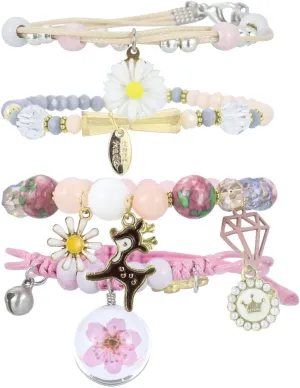 4 Pcs Beaded Cute Bracelets for Teen Girls Women, Dainty Cute Cartoon Crystal Beads Pearl Stretch Charm Handmade Adjustable Anklets Bracelet Set Birthday Gift for Friends