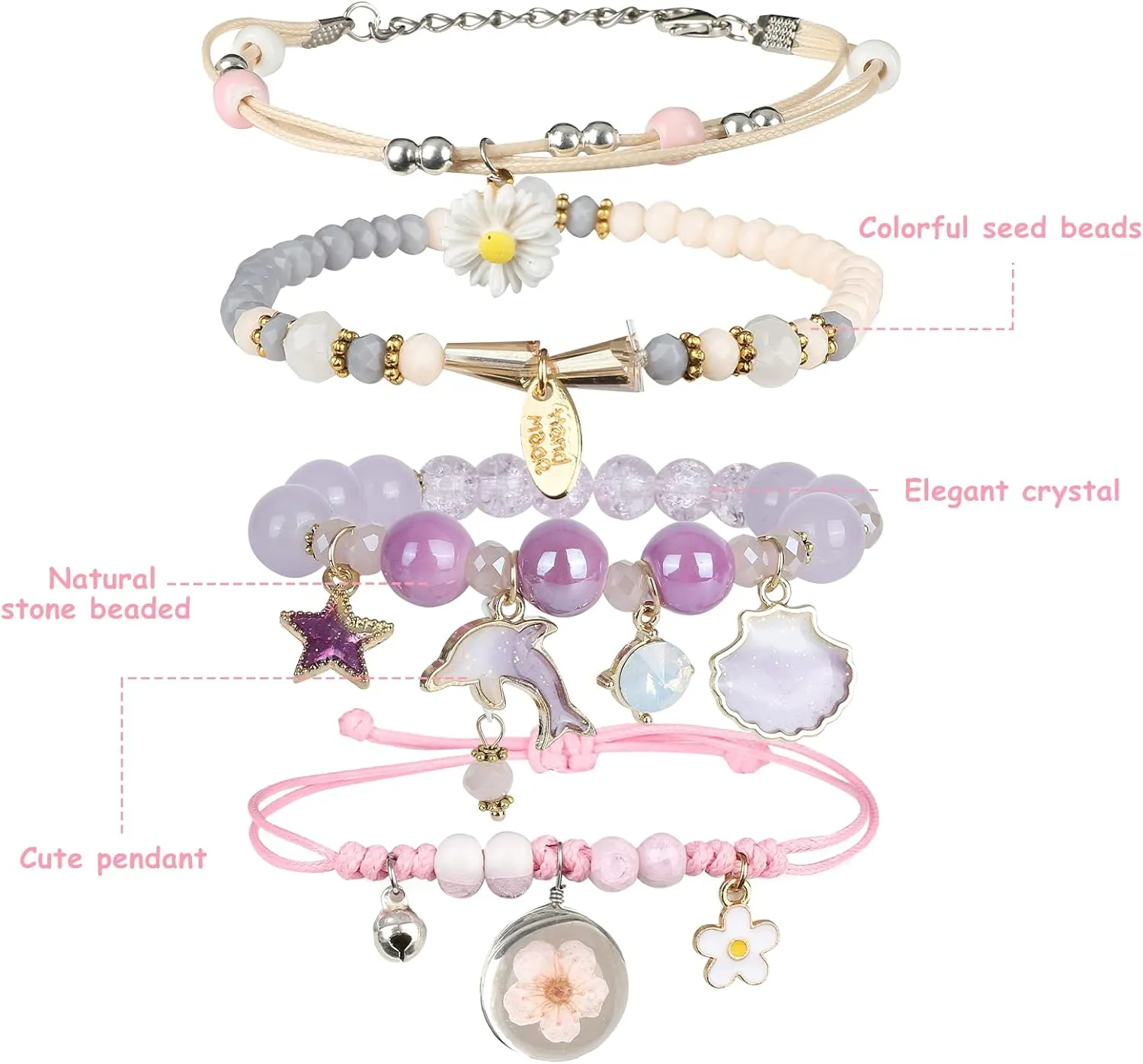 4 Pcs Beaded Cute Bracelets for Teen Girls Women, Dainty Cute Cartoon Crystal Beads Pearl Stretch Charm Handmade Adjustable Anklets Bracelet Set Birthday Gift for Friends