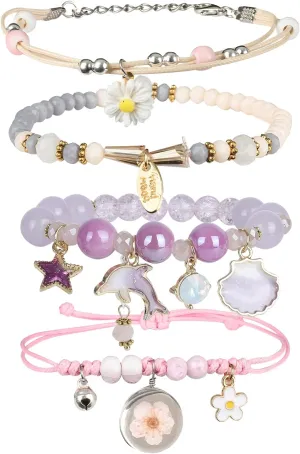 4 Pcs Beaded Cute Bracelets for Teen Girls Women, Dainty Cute Cartoon Crystal Beads Pearl Stretch Charm Handmade Adjustable Anklets Bracelet Set Birthday Gift for Friends
