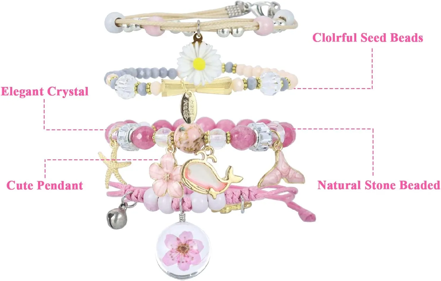 4 Pcs Beaded Cute Bracelets for Teen Girls Women, Dainty Cute Cartoon Crystal Beads Pearl Stretch Charm Handmade Adjustable Anklets Bracelet Set Birthday Gift for Friends
