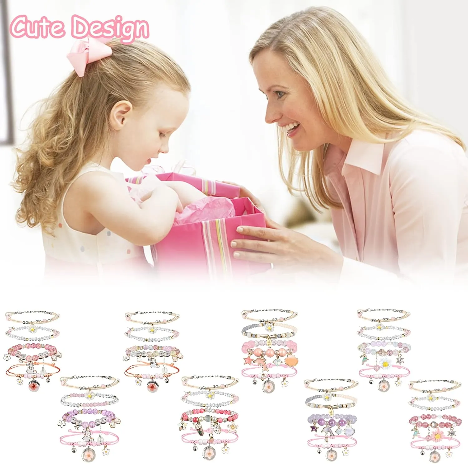 4 Pcs Beaded Cute Bracelets for Teen Girls Women, Dainty Cute Cartoon Crystal Beads Pearl Stretch Charm Handmade Adjustable Anklets Bracelet Set Birthday Gift for Friends