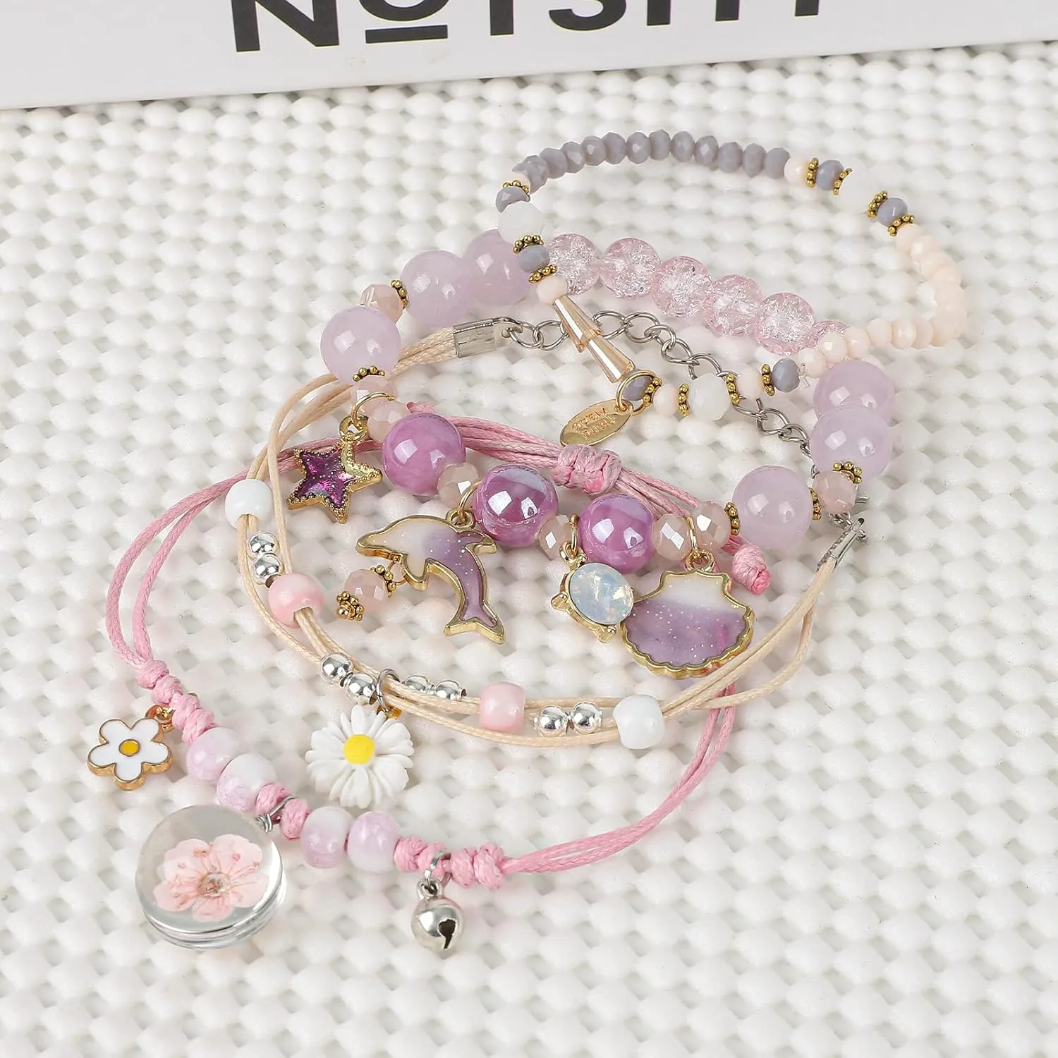 4 Pcs Beaded Cute Bracelets for Teen Girls Women, Dainty Cute Cartoon Crystal Beads Pearl Stretch Charm Handmade Adjustable Anklets Bracelet Set Birthday Gift for Friends