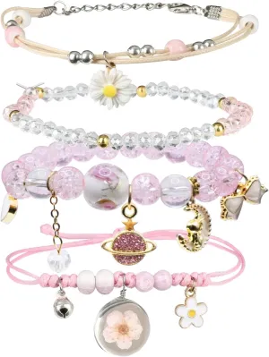 4 Pcs Beaded Cute Bracelets for Teen Girls Women, Dainty Cute Cartoon Crystal Beads Pearl Stretch Charm Handmade Adjustable Anklets Bracelet Set Birthday Gift for Friends