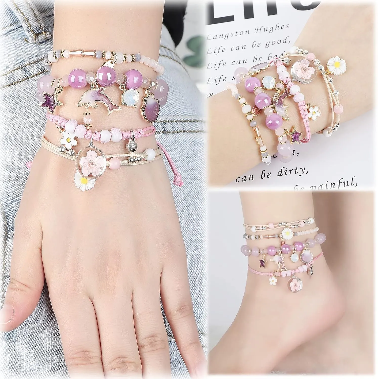 4 Pcs Beaded Cute Bracelets for Teen Girls Women, Dainty Cute Cartoon Crystal Beads Pearl Stretch Charm Handmade Adjustable Anklets Bracelet Set Birthday Gift for Friends