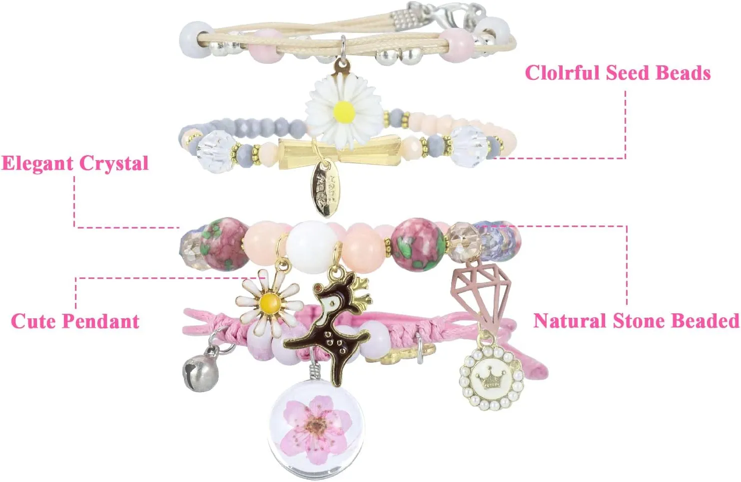 4 Pcs Beaded Cute Bracelets for Teen Girls Women, Dainty Cute Cartoon Crystal Beads Pearl Stretch Charm Handmade Adjustable Anklets Bracelet Set Birthday Gift for Friends