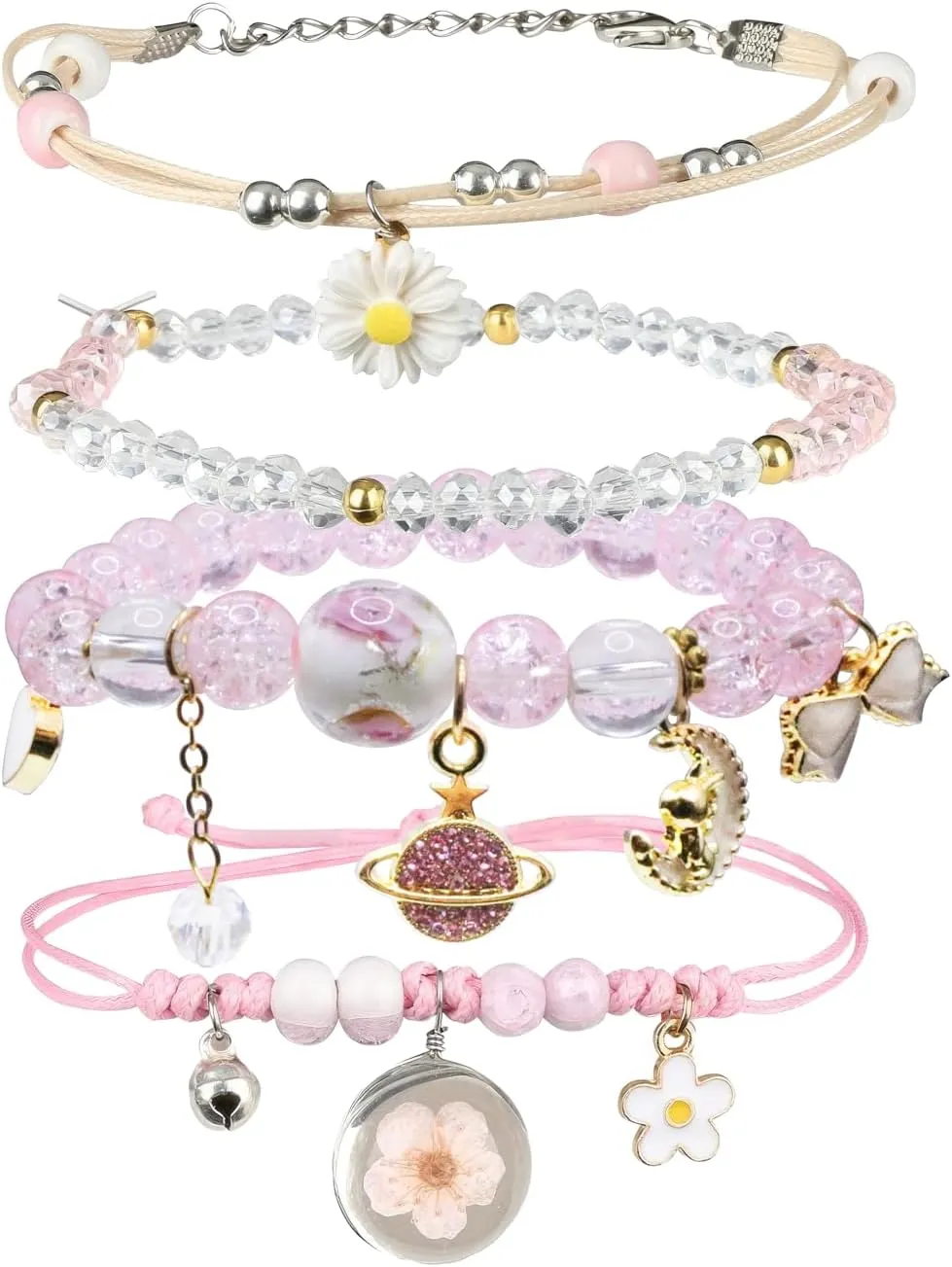 4 Pcs Beaded Cute Bracelets for Teen Girls Women, Dainty Cute Cartoon Crystal Beads Pearl Stretch Charm Handmade Adjustable Anklets Bracelet Set Birthday Gift for Friends