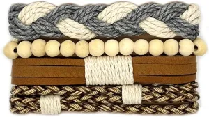 4 Pieces Braided Beads Leather Bracelet Set, Adjustable Bracelets Wristbands, Cuff Wrap Wristbands, Braided Leather and Wooden Beads Bracelet, Stylish and Durable Leather Accessories