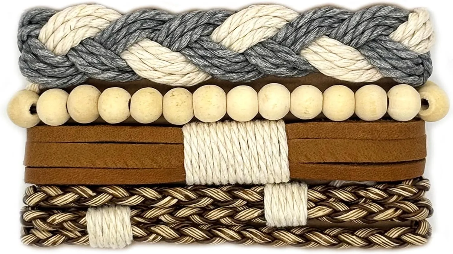 4 Pieces Braided Beads Leather Bracelet Set, Adjustable Bracelets Wristbands, Cuff Wrap Wristbands, Braided Leather and Wooden Beads Bracelet, Stylish and Durable Leather Accessories