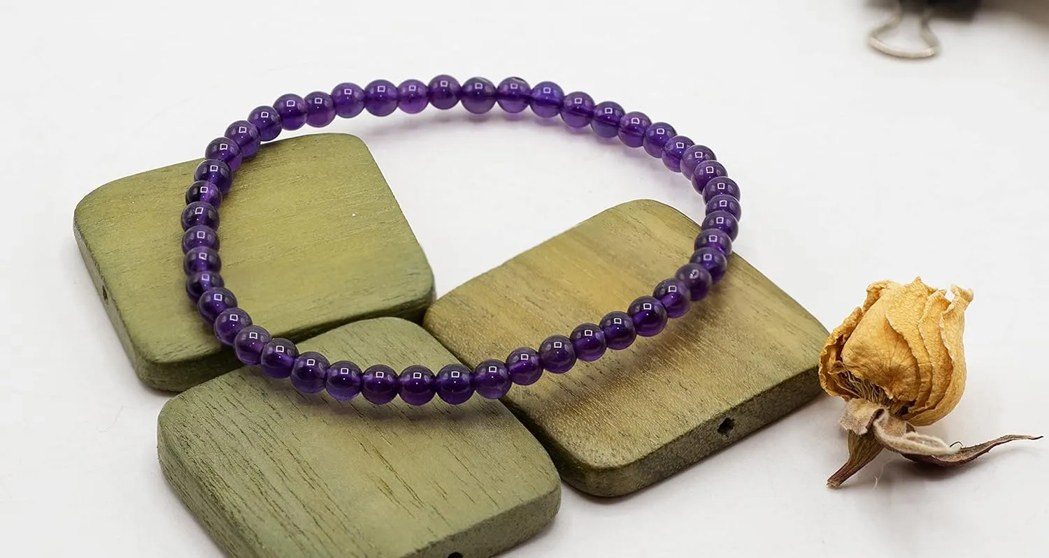 4mm Smooth Round Amethyst Stretch Bracelets in Various Sizes (6.5, 7, 7.5, 8 Inches)