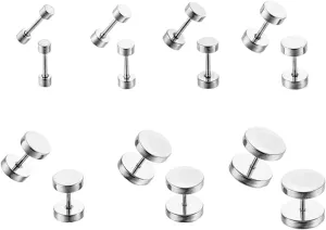 7 Pairs Punk Silver Stainless Steel Stud Earrings for Men Women Faux Gauges Ear Tunnel Earrings Sets 4mm-10mm