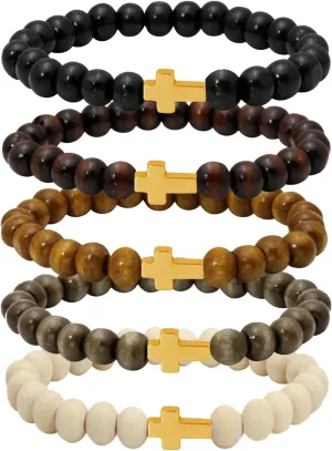 8mm Cross Beads Wooden Bracelet for Men Women Healing Lava Rock Stretch Bracelets Set