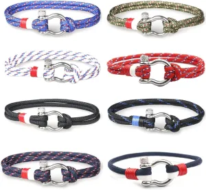 8Pcs Mens Rope Bracelet Stainless Steel Silver Shackle Extremely Scratch Resistant Waterproof Paracord Handmade Nautical Wristband Bracelet for Men