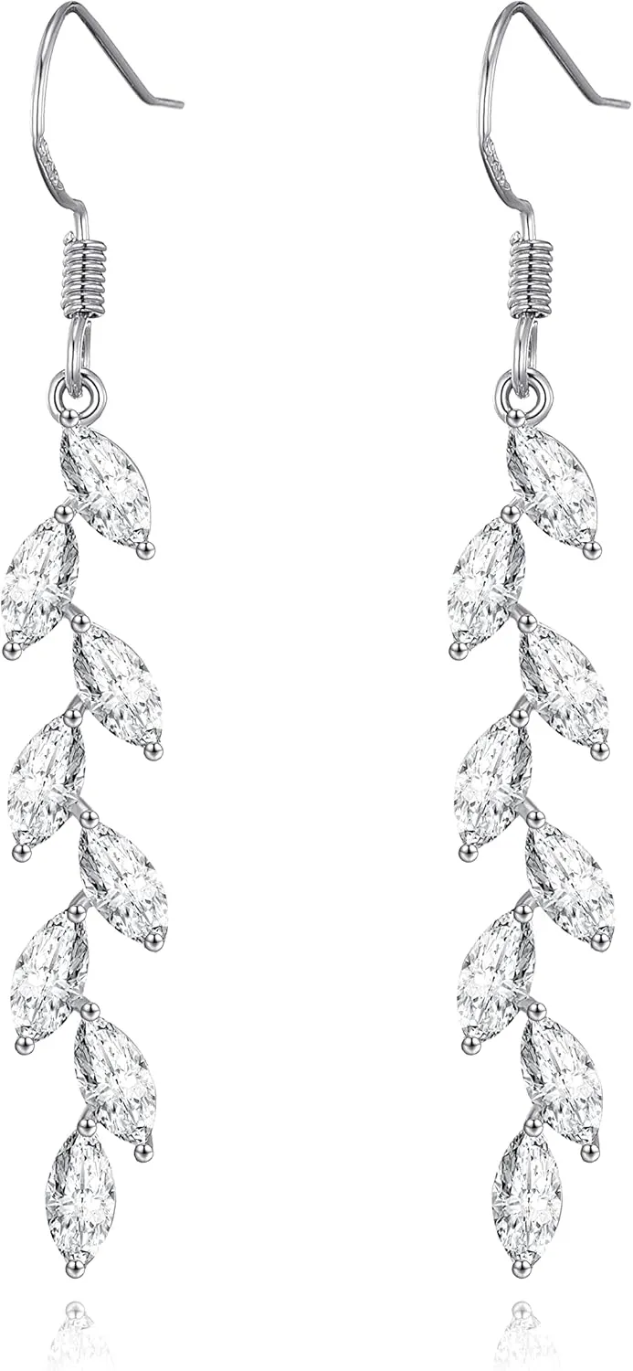925 Silver Dangle Earrings for Women Olive Leaves Crystal Dangle Earrings for Wedding Sparkly Prom Dangle Earrings for Party