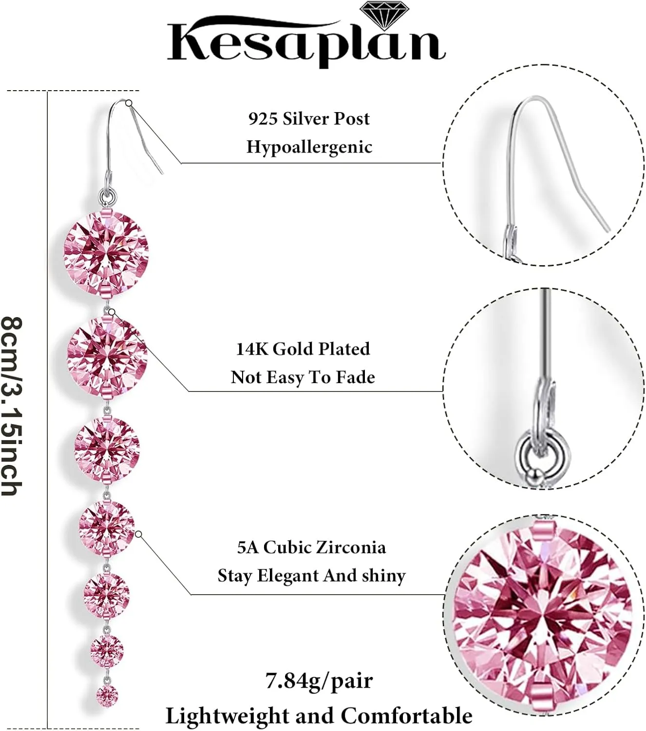 925 Silver Dangle Earrings for Women Statement 5A Cubic Zirconia Prom Earrings for Wedding Elegant Diamond Jewelry for Bride