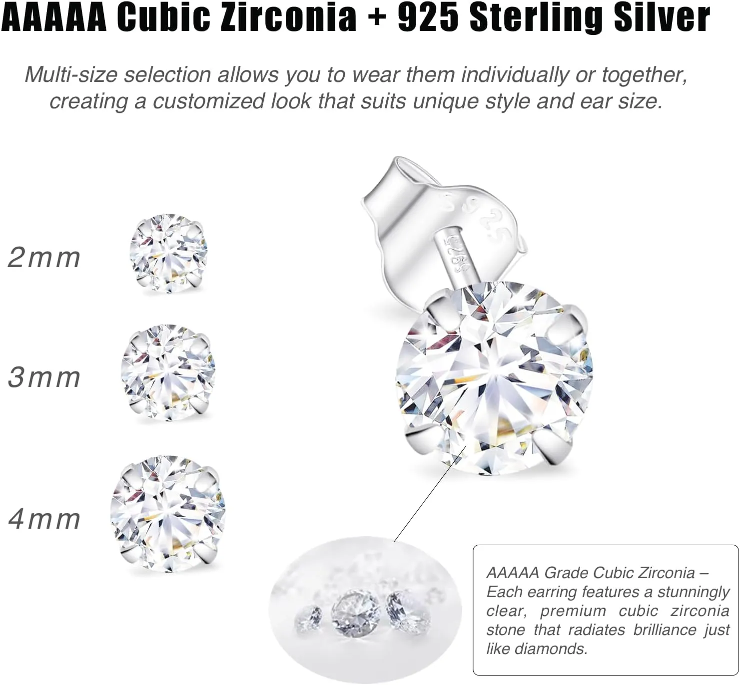 925 Sterling Silver Earrings for Women, Small Stud Earrings 2mm 3mm 4mm 5mm 6mm AAAAA Cubic Zirconia, Multiple Piercing Jewelry