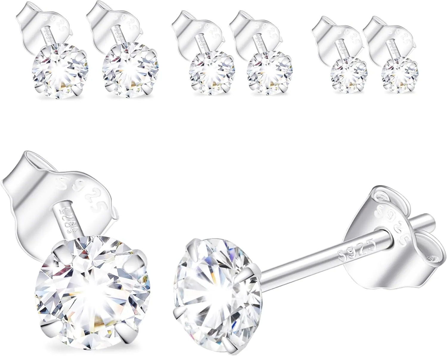 925 Sterling Silver Earrings for Women, Small Stud Earrings 2mm 3mm 4mm 5mm 6mm AAAAA Cubic Zirconia, Multiple Piercing Jewelry