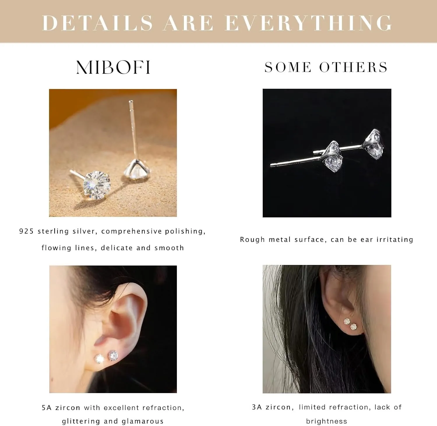 925 Sterling Silver Earrings for Women, Small Stud Earrings 2mm 3mm 4mm 5mm 6mm AAAAA Cubic Zirconia, Multiple Piercing Jewelry