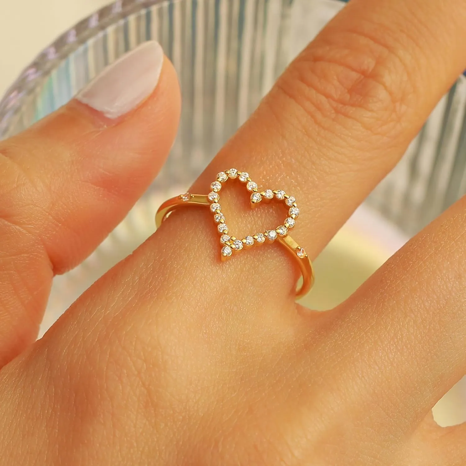925 Sterling Silver Heart CZ Promise Ring for Women 14K Gold Plated Hollow Shiny Elegant Rings to Daughter Mother Dainty Stackable Ring Jewelry 2025 Graduation Gifts for Her Size 5-12