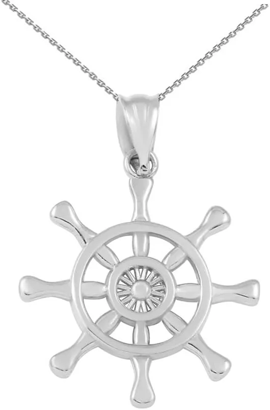 925 Sterling Silver Nautical Ship Steering Wheel Pendant Necklace, 18"