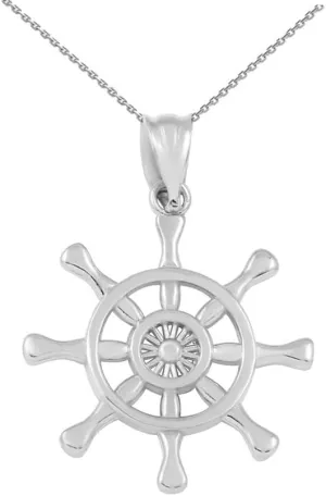 925 Sterling Silver Nautical Ship Steering Wheel Pendant Necklace, 18"