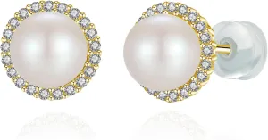 925 Sterling Silver Pearl Earrings for Women, Halo 6.5-7MM AAAA  Freshwater Cultured White Pearl Stud Earrings, Jewelry Gifts for Birthday Wedding Christmas Mothers Day