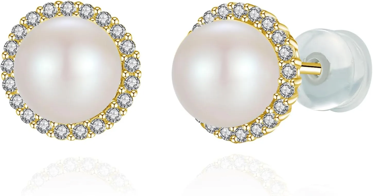 925 Sterling Silver Pearl Earrings for Women, Halo 6.5-7MM AAAA  Freshwater Cultured White Pearl Stud Earrings, Jewelry Gifts for Birthday Wedding Christmas Mothers Day