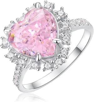 925 Sterling Silver Pink Heart Diamond Engagement Ring - Premium 18K White Gold Plated - Elegant Pink Ring for Women's Anniversary, Wedding