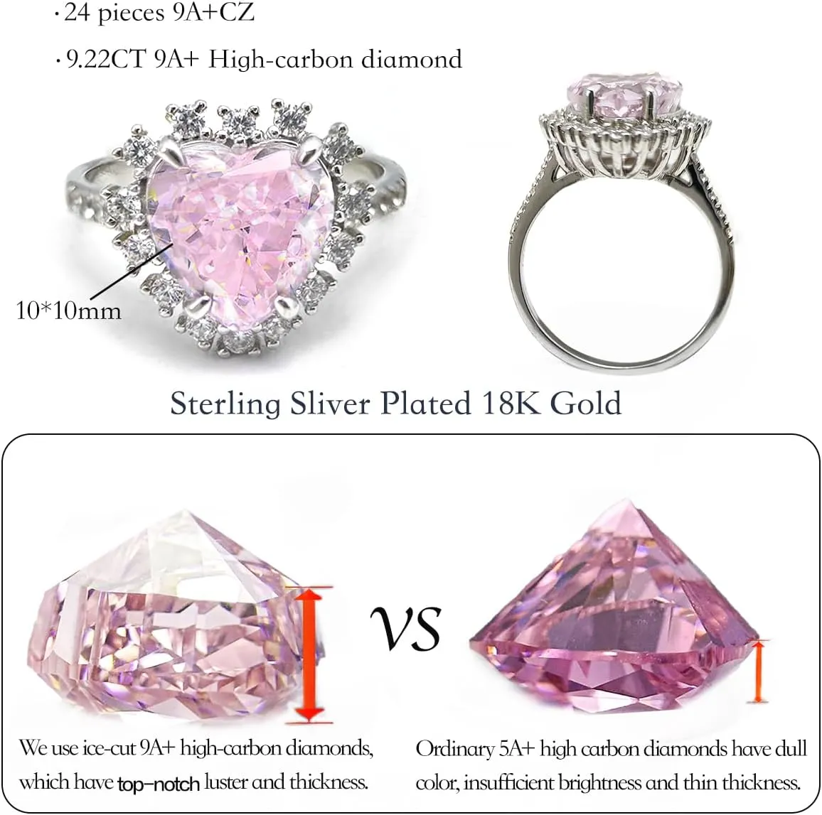 925 Sterling Silver Pink Heart Diamond Engagement Ring - Premium 18K White Gold Plated - Elegant Pink Ring for Women's Anniversary, Wedding