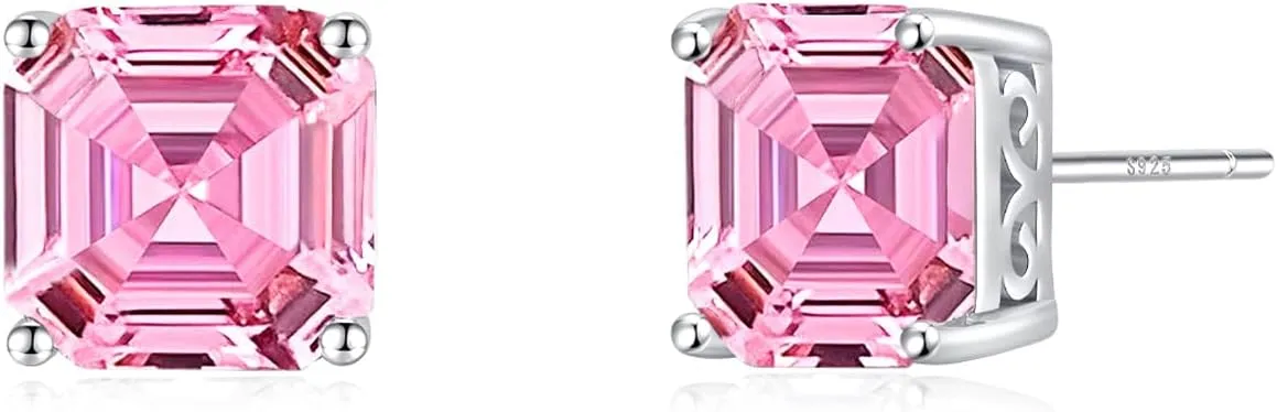 925 Sterling Silver Post Earrings Asscher Cut Cubic Zirconia 4 Pong Ear Stud Earrings Set for Women