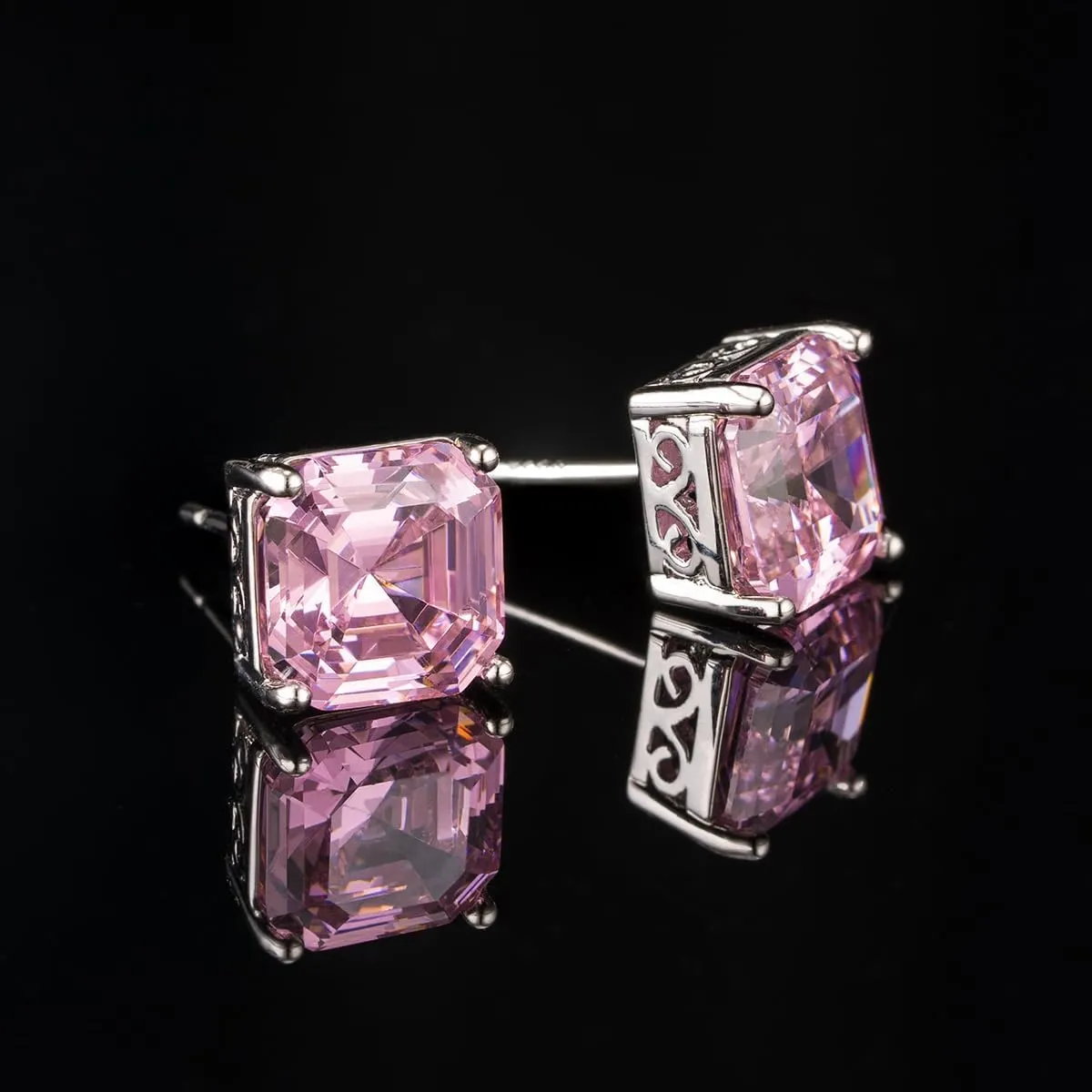 925 Sterling Silver Post Earrings Asscher Cut Cubic Zirconia 4 Pong Ear Stud Earrings Set for Women