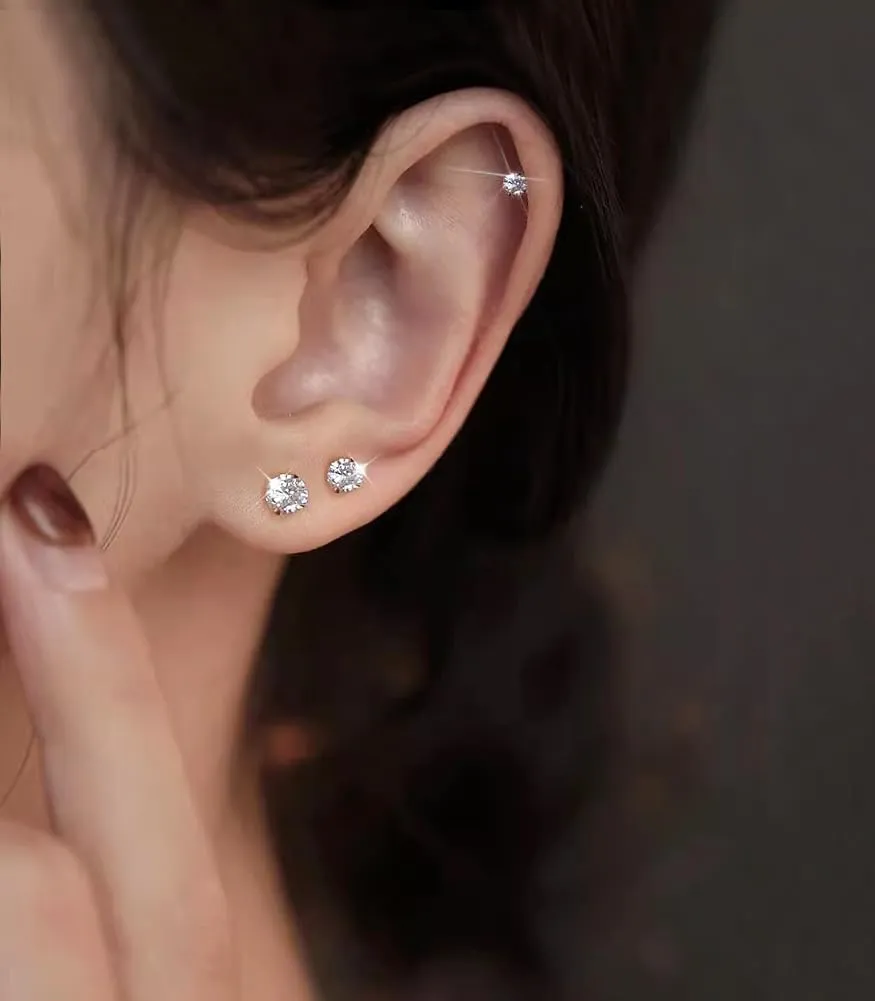 925 Sterling Silver Post Earrings Simulated Diamond Round Cubic Zirconia 4 Pong Ear Stud Set for Women for Men 7-10MM