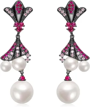925 Sterling Silver Post Vintage Pearl Dangle Earrings for Women Girls Wedding Bridal Rhinestone Crystal Gold Black Pearl Drop Earrings for Wife Mom Her