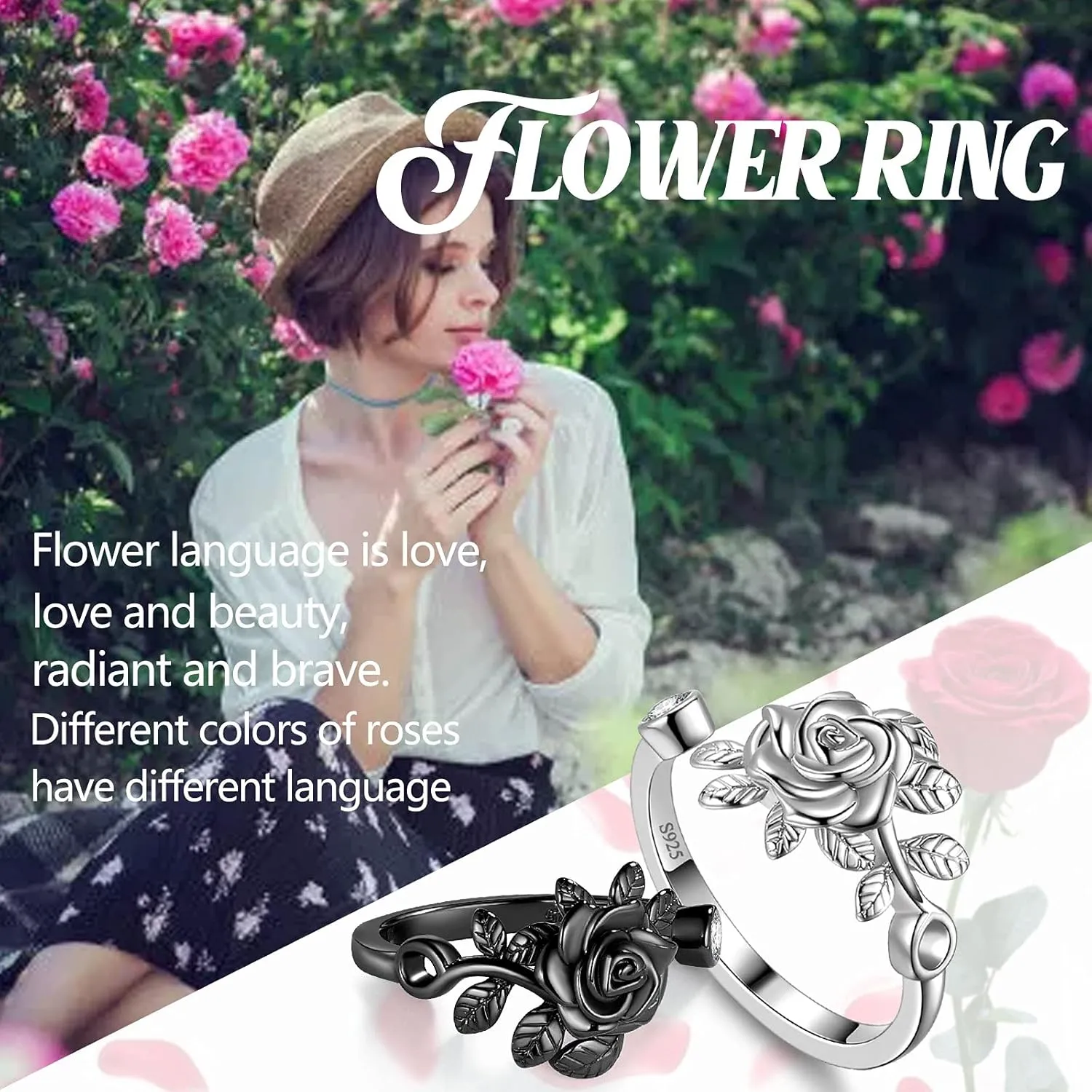925 Sterling Silver Rose Flower Ring - Adjustable, Elegant Promise Ring for Women & Girls - Perfect for Birthday & Wedding Gifts