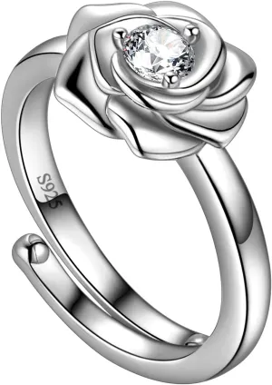 925 Sterling Silver Rose Flower Ring - Adjustable, Elegant Promise Ring for Women & Girls - Perfect for Birthday & Wedding Gifts