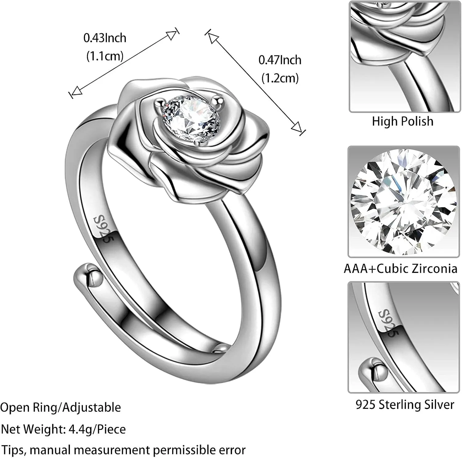 925 Sterling Silver Rose Flower Ring - Adjustable, Elegant Promise Ring for Women & Girls - Perfect for Birthday & Wedding Gifts