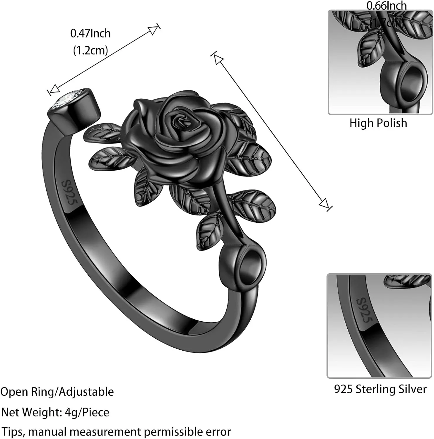 925 Sterling Silver Rose Flower Ring - Adjustable, Elegant Promise Ring for Women & Girls - Perfect for Birthday & Wedding Gifts