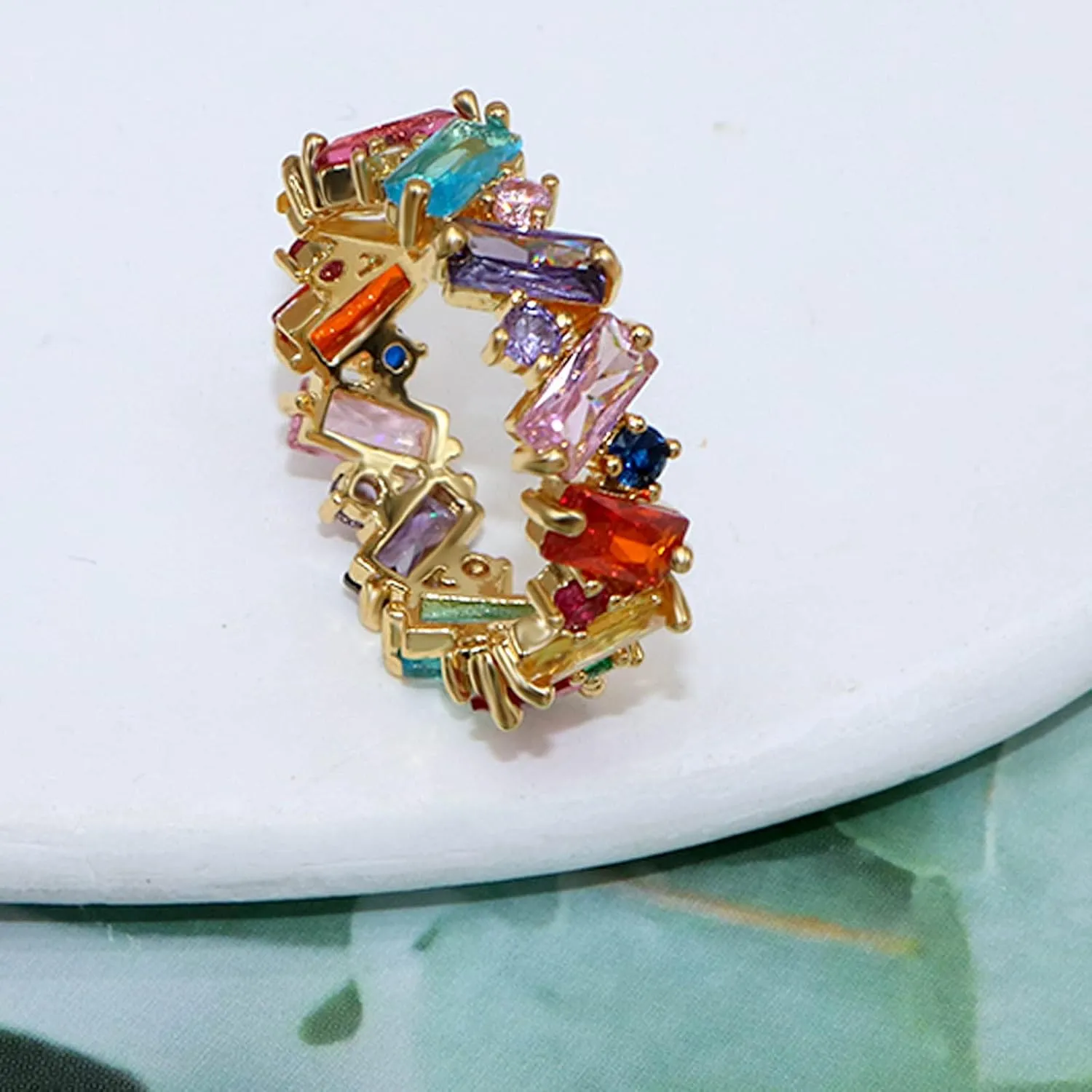 ABJFJE Blue Square Crystal Band Ring Anniversary Eternity Cubic Zirconia Ring Elegant Wedding Cocktail Rings Fashion Luxury Jewelry for Women Gold Silve Plated