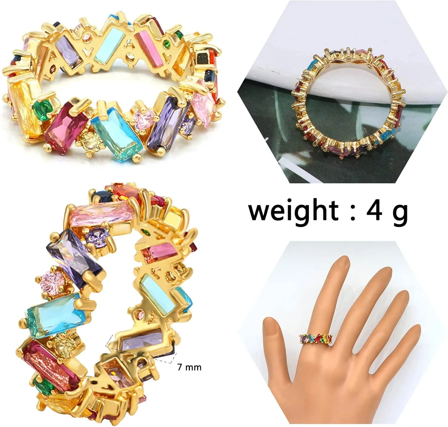 ABJFJE Blue Square Crystal Band Ring Anniversary Eternity Cubic Zirconia Ring Elegant Wedding Cocktail Rings Fashion Luxury Jewelry for Women Gold Silve Plated