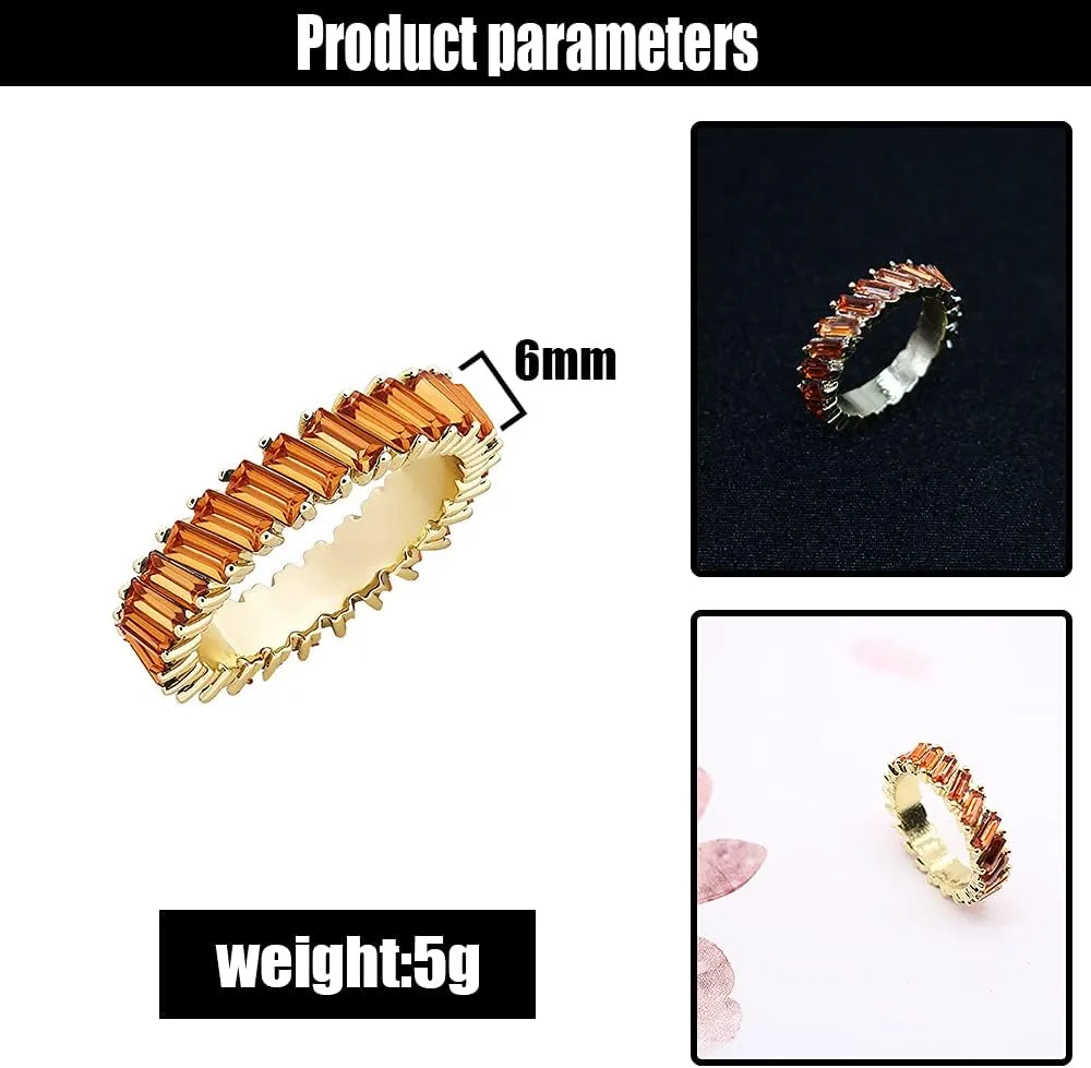 ABJFJE Rainbow Baguette Crystal Band Ring Anniversary Eternity Cubic Zirconia Ring Elegant Wedding Cocktail Rings Fashion Luxury Jewelry for Women
