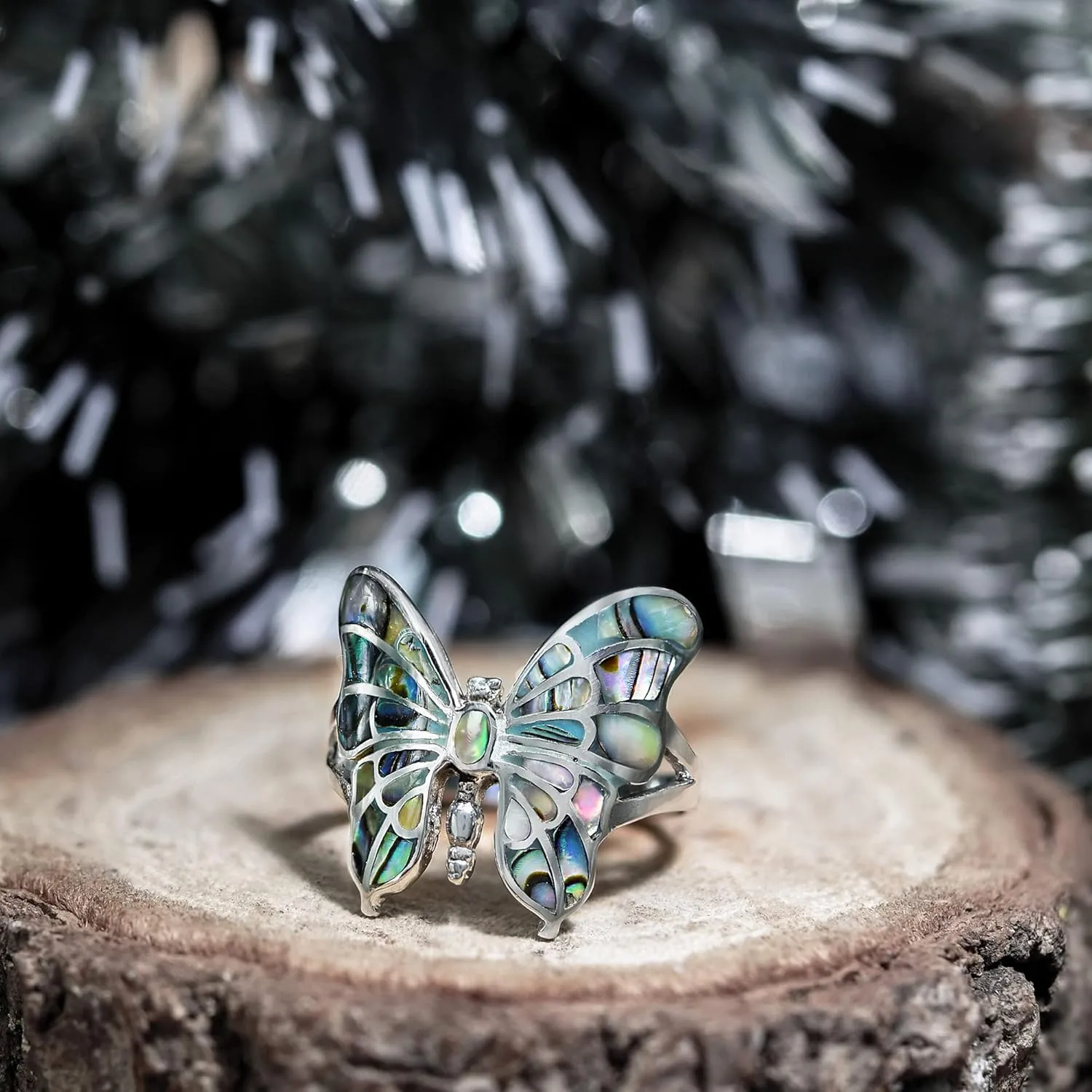 AeraVida Exotic Graceful Butterfly Abalone Shell Inlay .925 Sterling Silver Ring | Butterfly Rings for Women | Ring Size 5 To 10 Silver | Abalone Shell Ring | Sterling Silver Ring