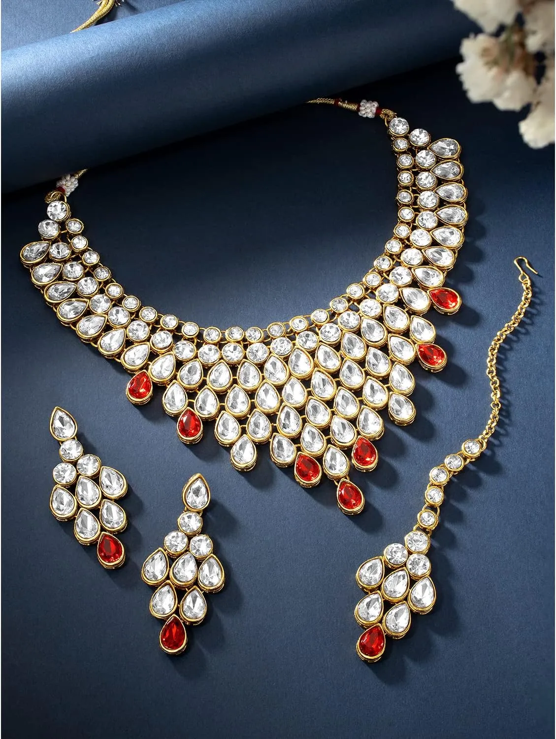 Aheli Exquisite Wedding Party Wear Faux Kundan Studded Necklace with Maang Tikka Set Indian Ethnic Traditional Jewellery Gift for Women